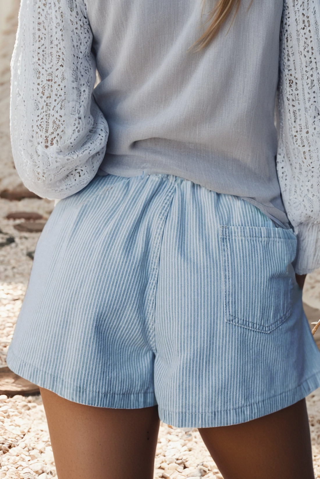 Stripe Drawstring Elastic Denim Shorts