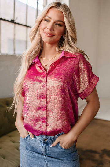Rose Metallic Button Down Top