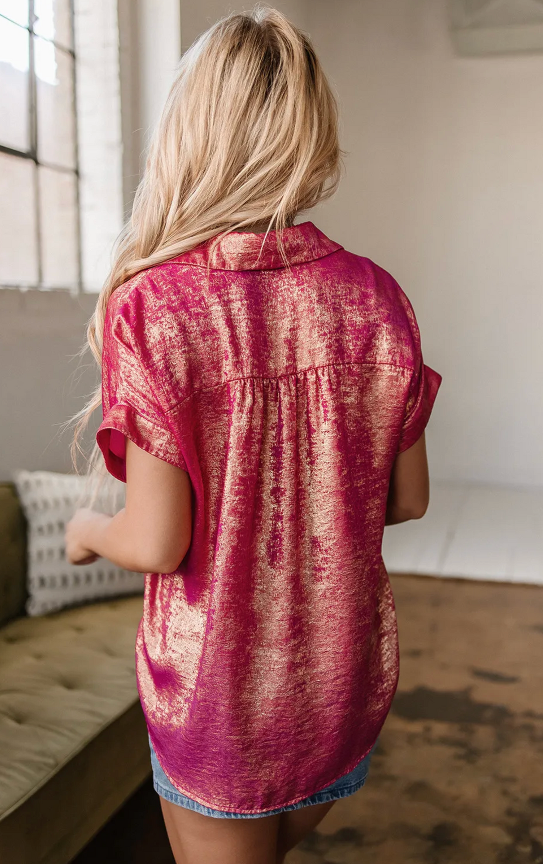Rose Metallic Button Down Top