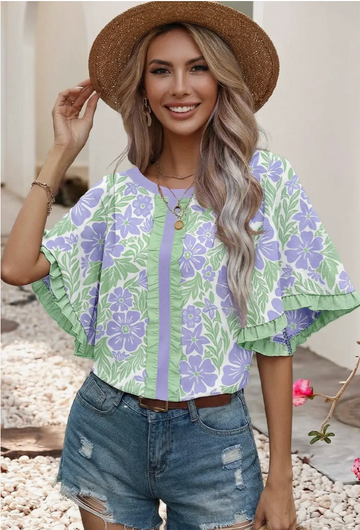 Floral Printed Lace Trim Top