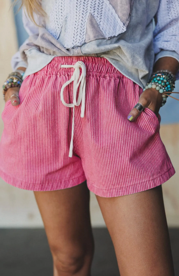 Red Stripe Drawstring Elastic Denim Shorts