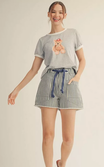 Striped Braided Belt Denim Shorts