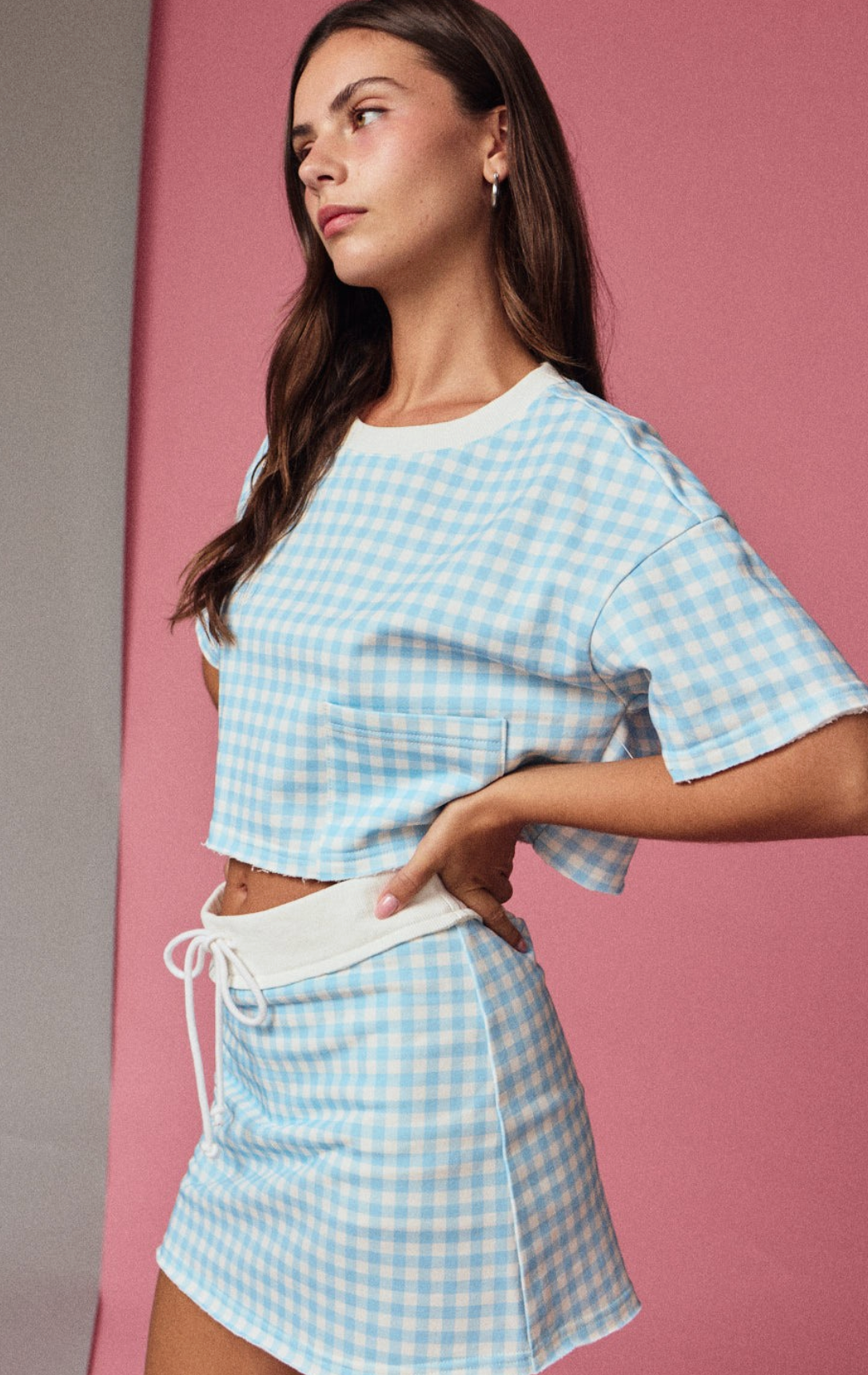 Gingham Cropped Tee And Skirt Set