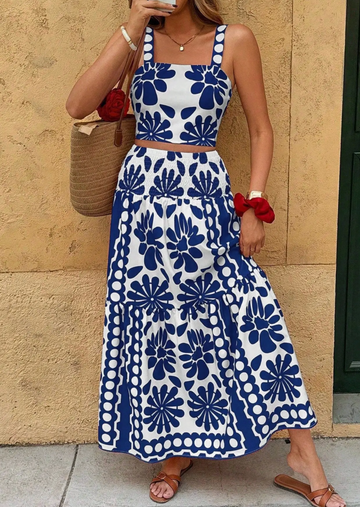 Boho Smocked Floral Crop Top & Maxi Skirt Set