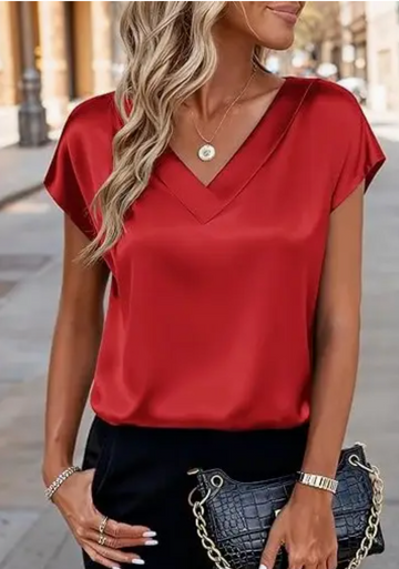 Red Silk V-Neck Top