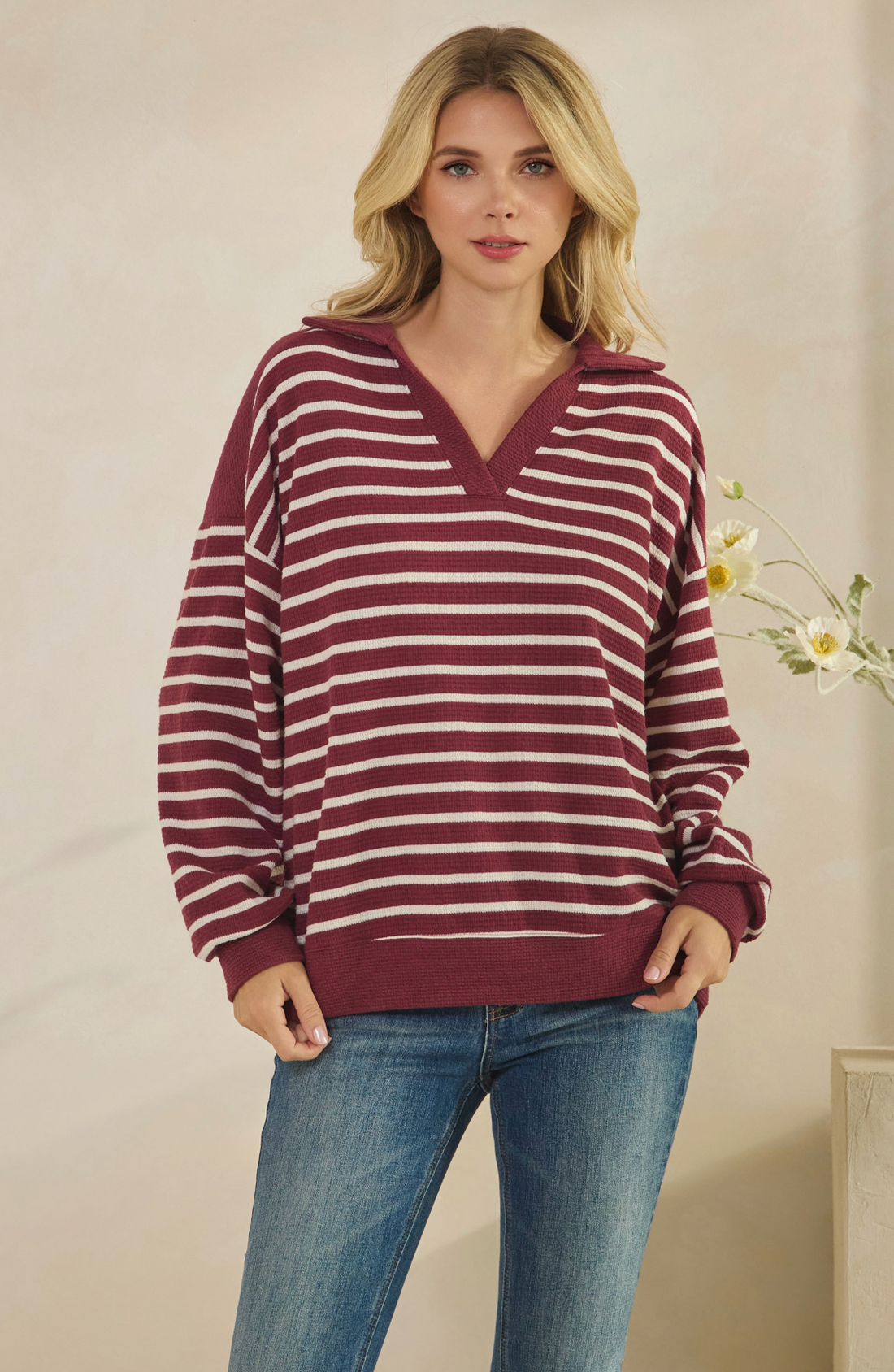 Cloudy Knit Wine Stripe Top