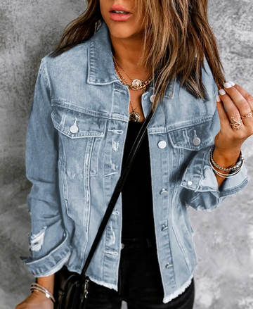Lapel Distressed Raw Hem Denim Jacket