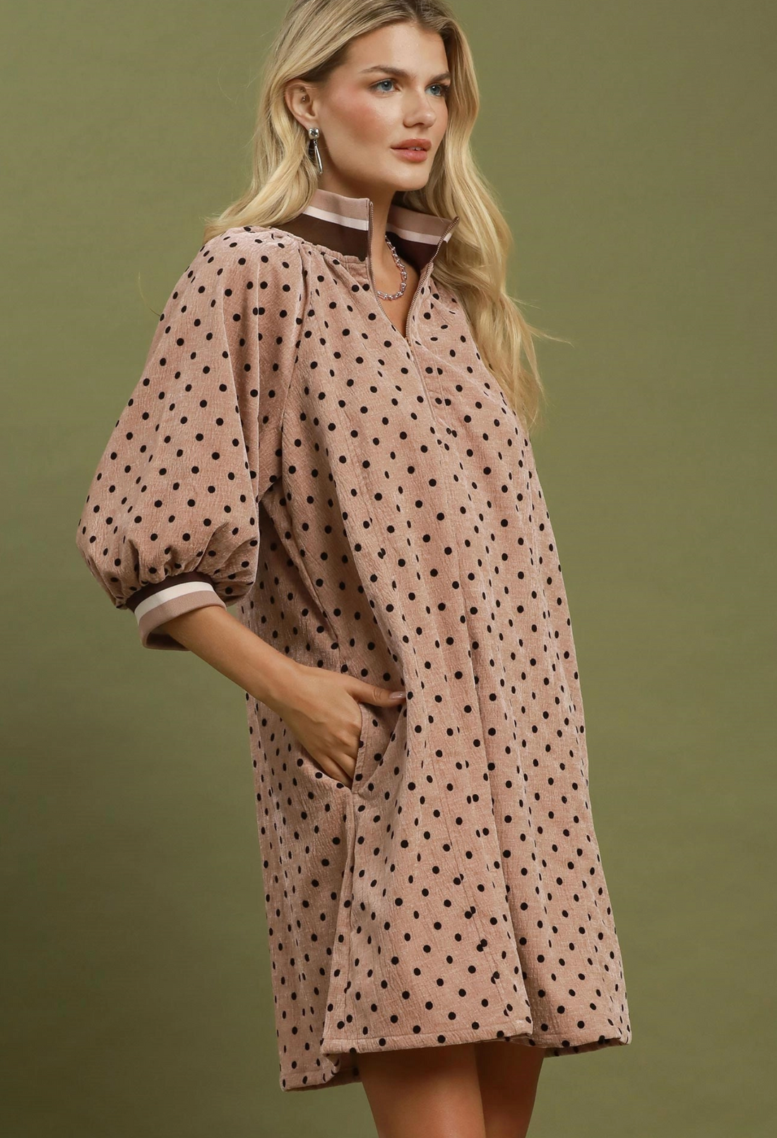 Polka Dot Quarter-Zip Shift Dress