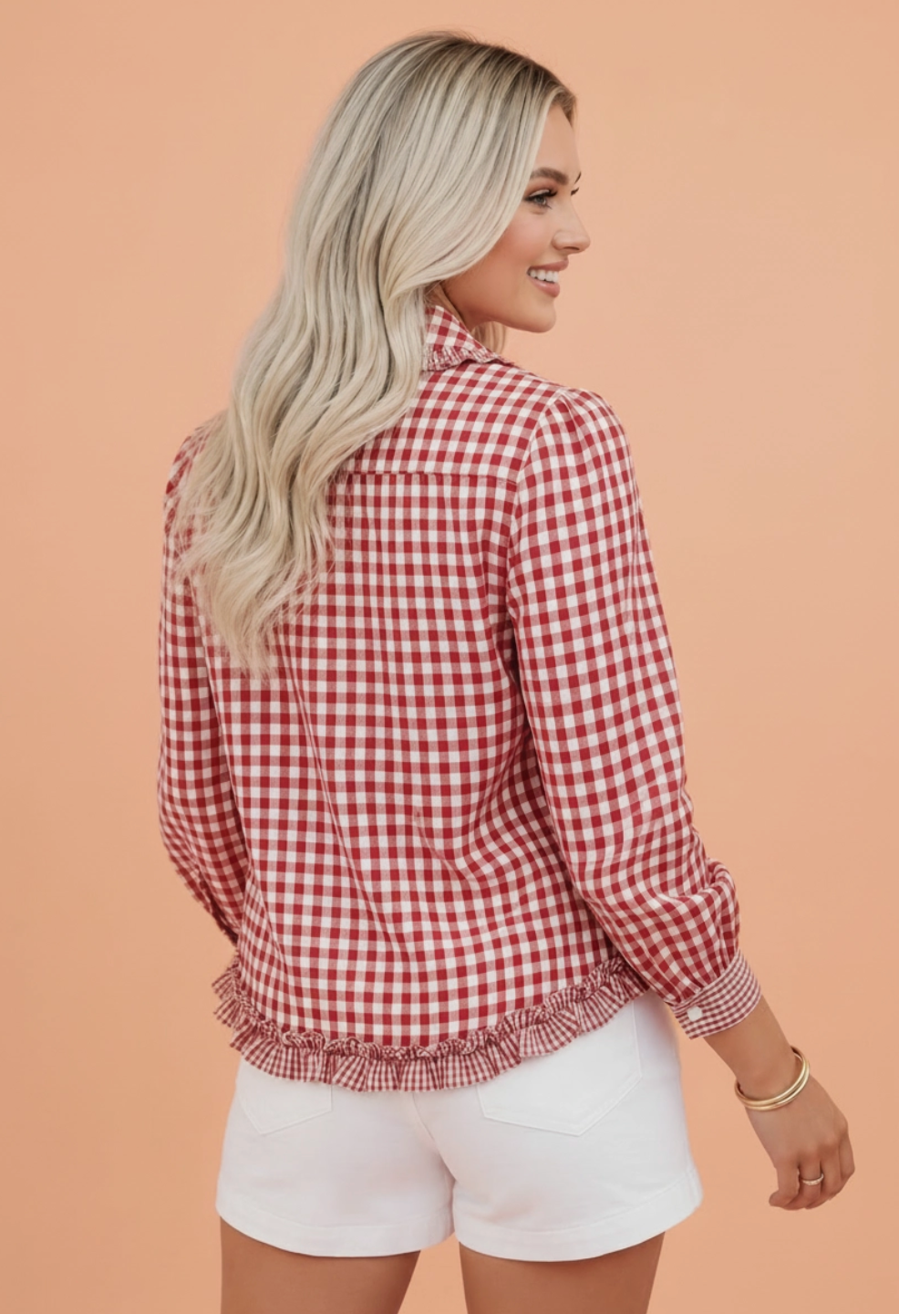 Red Gingham Frilled Long Sleeve Shirt