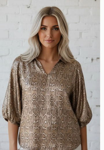 Snake Skin Metallic V-Neck Blouse