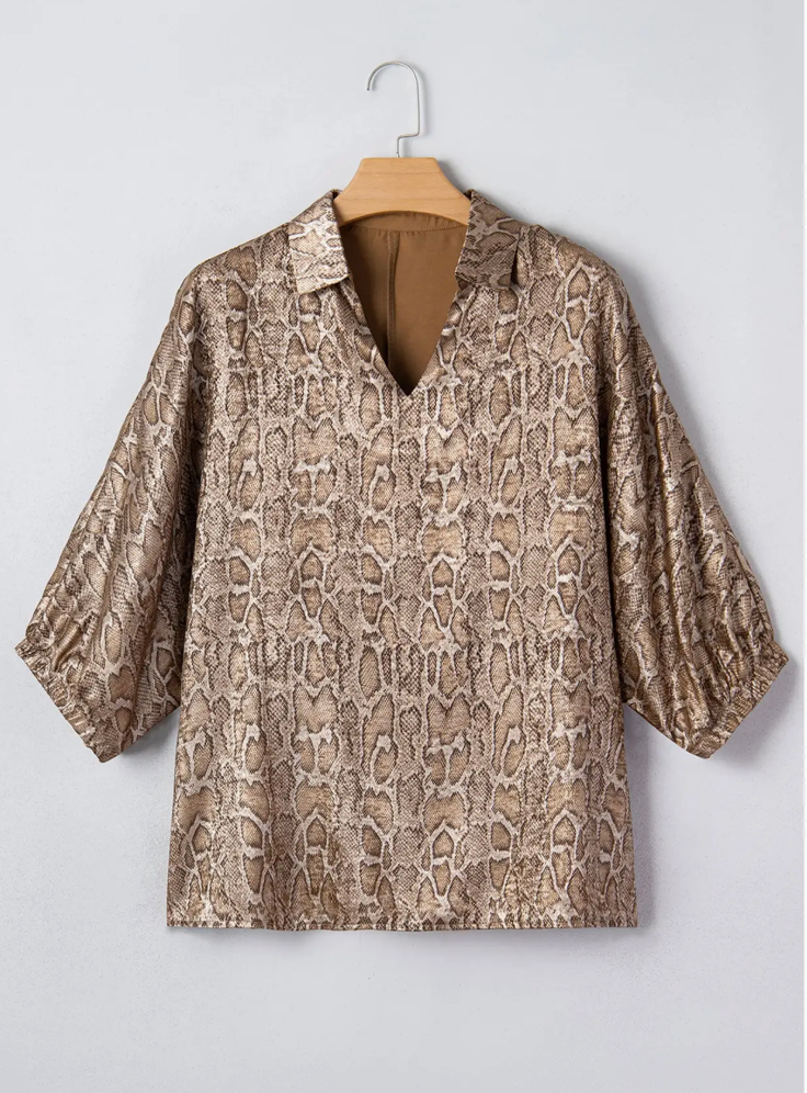 Snake Skin Metallic V-Neck Blouse
