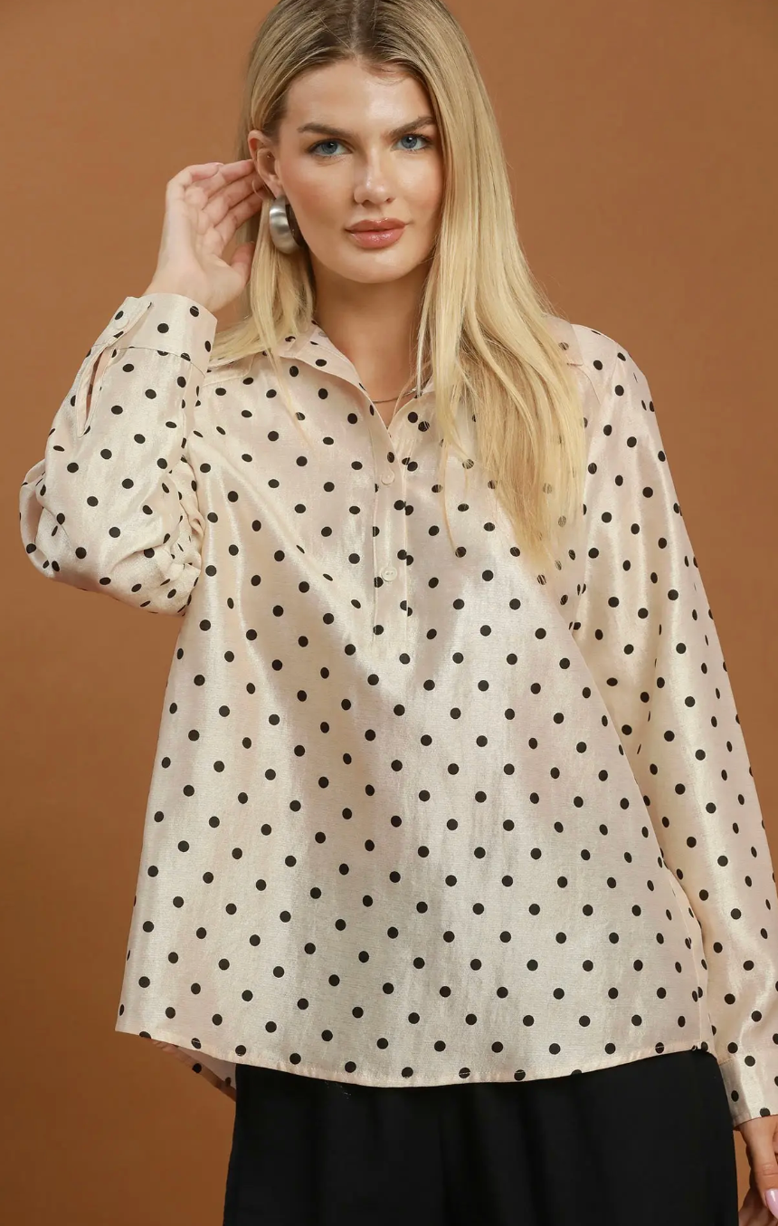 Polka Dot Satin Collared Blouse