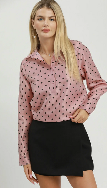 Polka Dot Satin Collared Blouse
