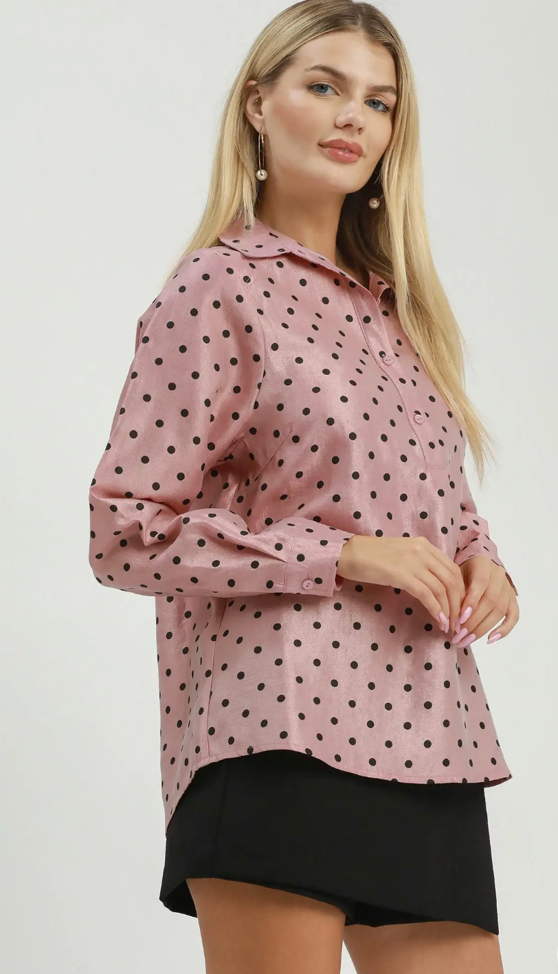 Polka Dot Satin Collared Blouse