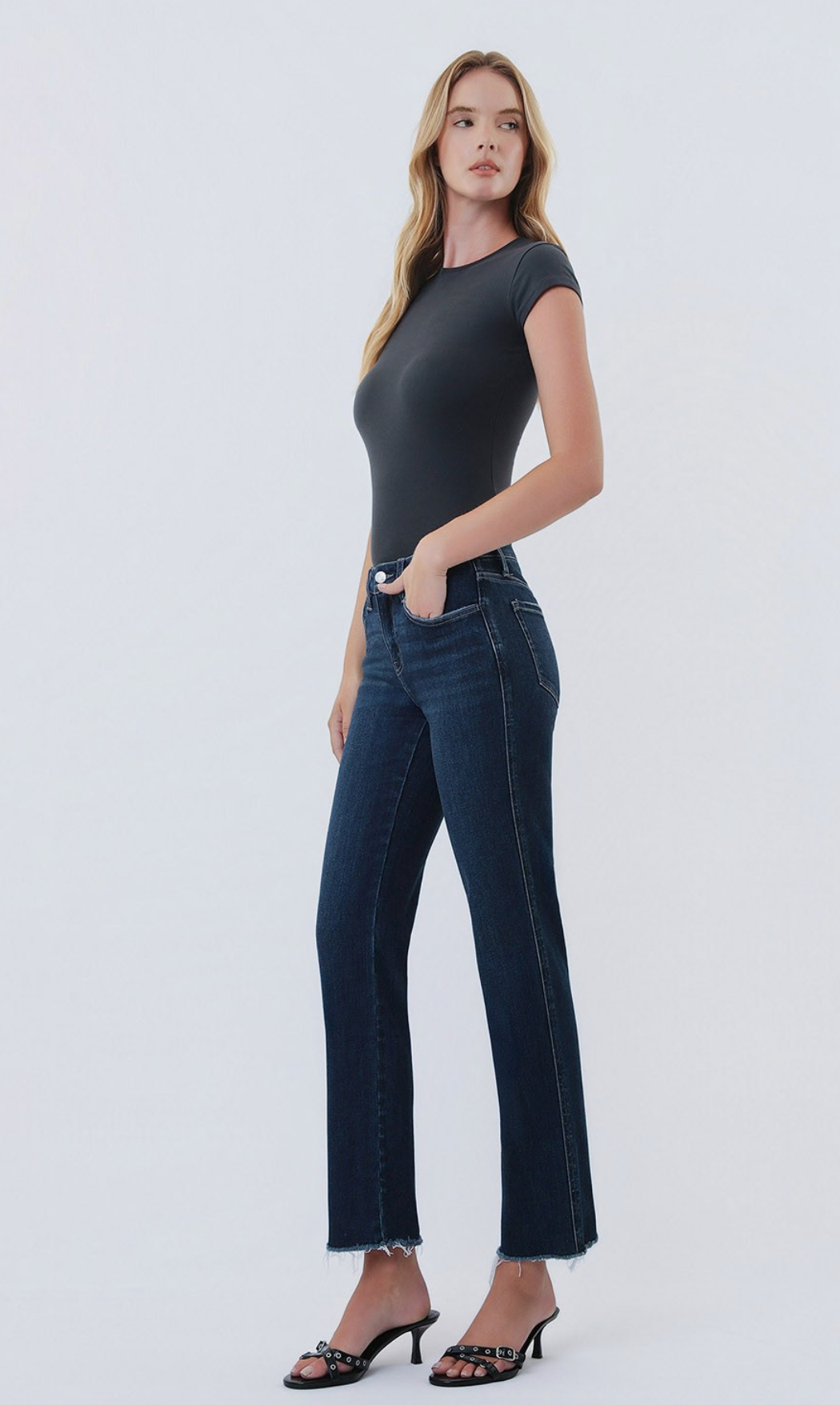 Mid Rise Dark Wash Raw Hem Ankle Straight Jeans