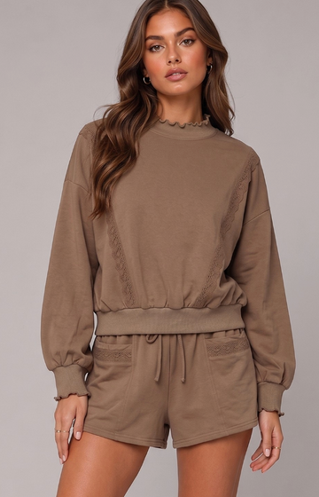 Lace Trim Sweatshirt & Shorts Set