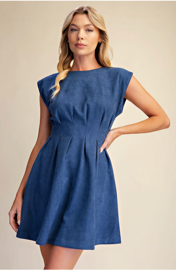 Blue Suede Pleated Waist Dress