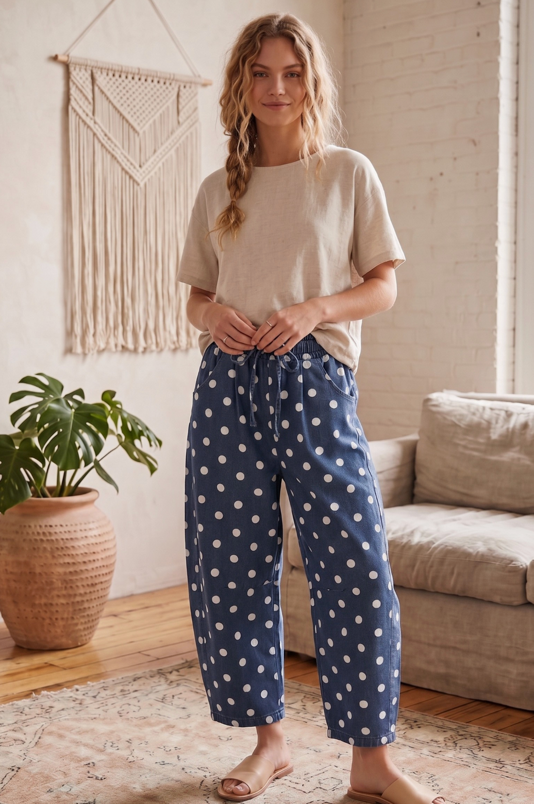 Polka Dot Denim Barrel Pants