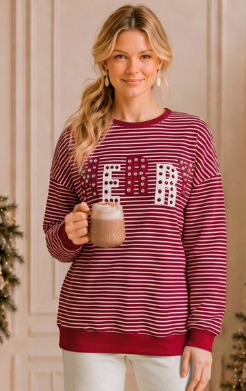 "Merry" Rhinestone Striped Sweatshirt