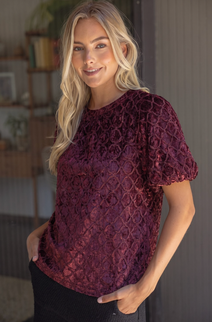 Trellis Trimmed Crushed Velvet Top