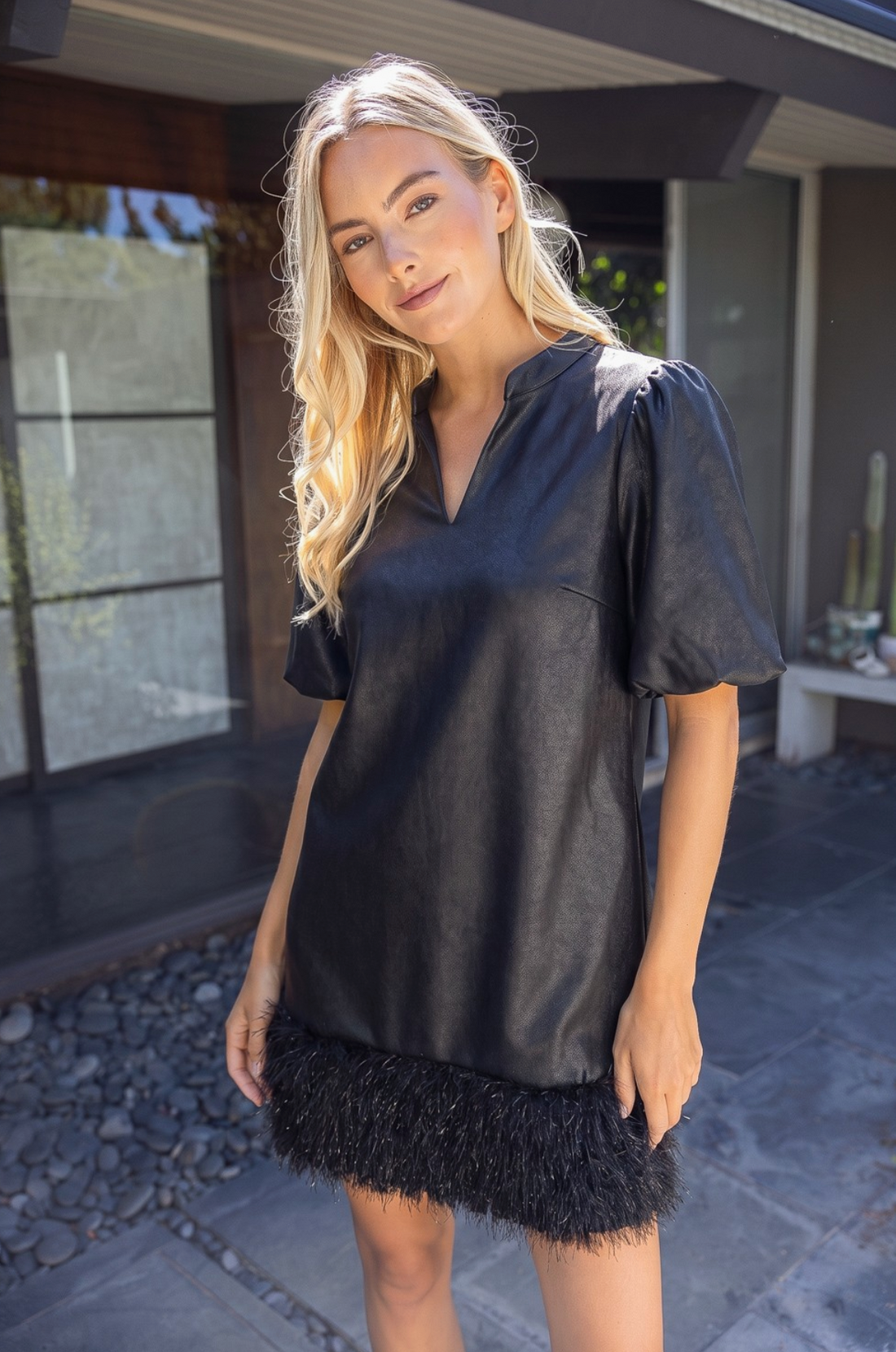 Metallic Feather Fringe Faux Leather Dress