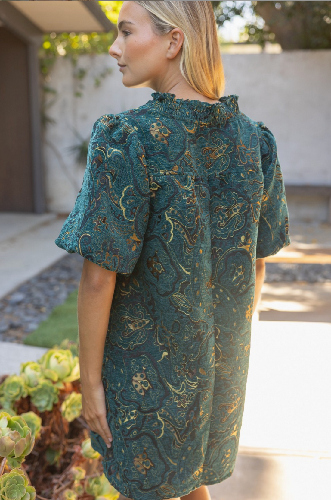 Smocked Floral Jacquard Shift Dress