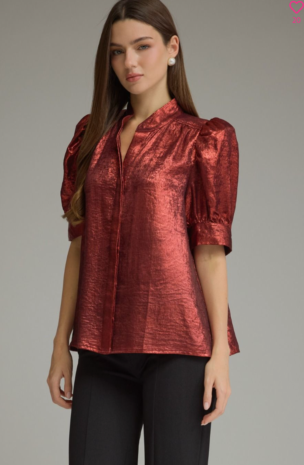 Metallic Puff Sleeve Top – Burgundy