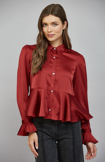 Satin Peplum Button Down Blouse