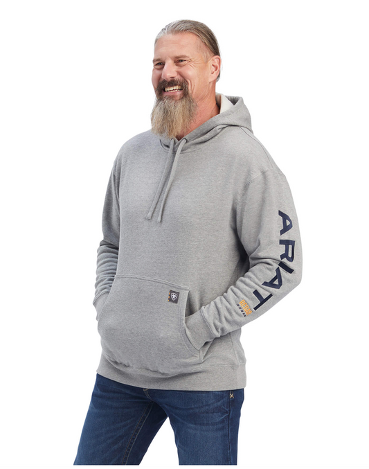 Ariat-10041627- Men's Rebar Graphic Hoodie- HEATHER GREY/DEEP ULTRAMARINE