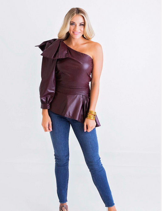 Solid Pleather One Shoulder Top